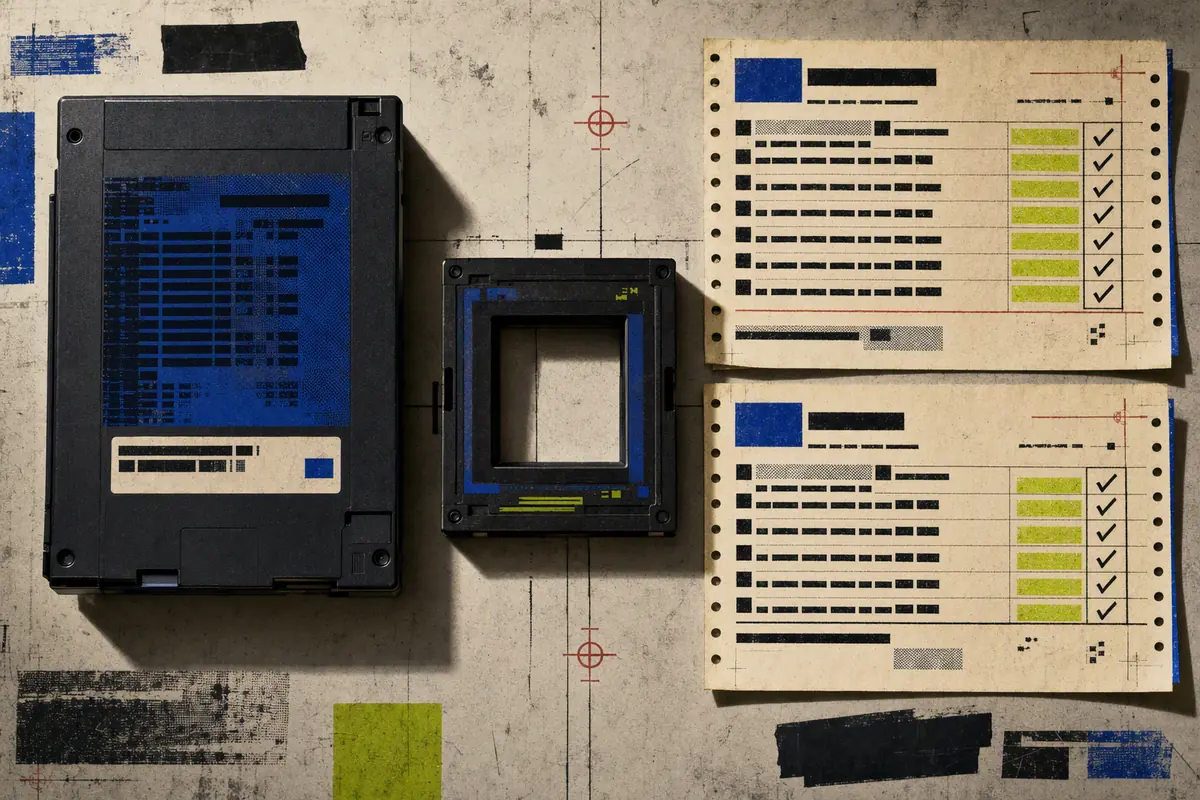 A dark browser database cartridge passes through a verifier gate and becomes two checked paper export reports.